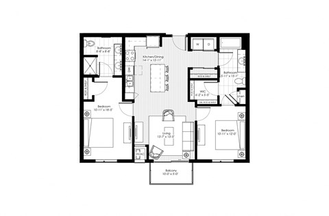 Floor plan for 2 beds, 2 baths, 1065 sqft